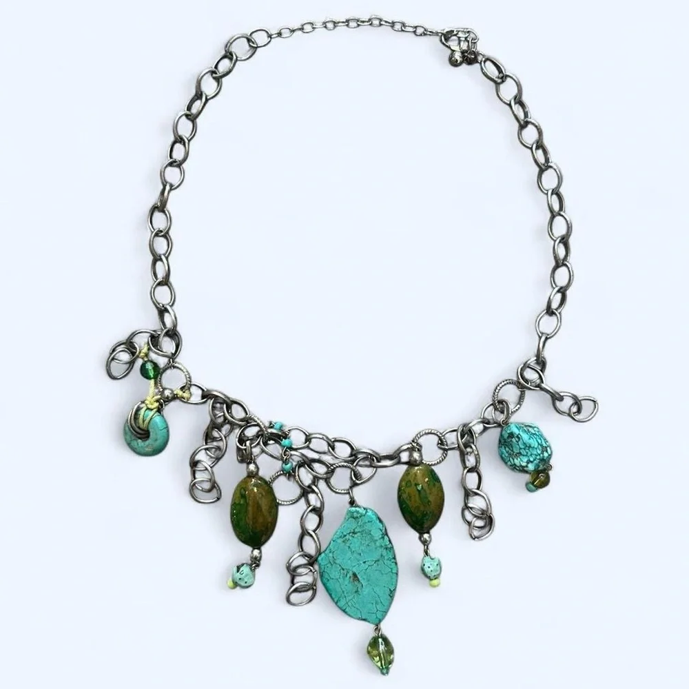 Vintage Silver Chain Turquoise Chunky Charm Necklace - Picture 1 of 4